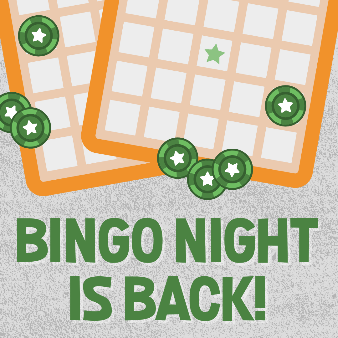 Green text in capitals at the bottom says Bingo Night is Back! Two orange bingo cards lay flat on a table above that, with a few scattered green bingo markers that have five-pointed stars in the middle.