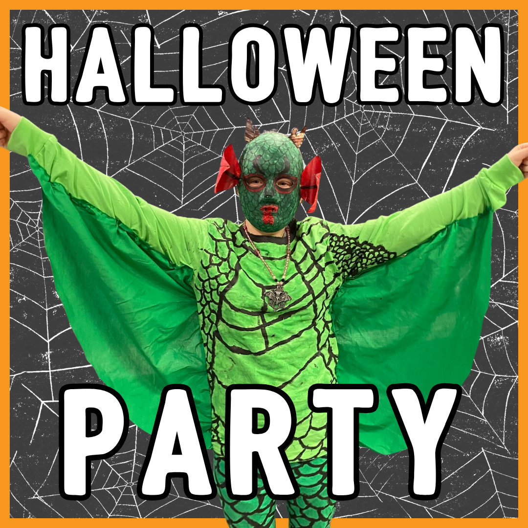White text in capitals says Halloween party. Background is a spider web with orange border around the image. Inside is a person dressed in a homemade dragon costume, spreading their wings.