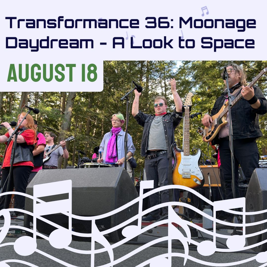 Light purple background with text saying Transformance 36: Moonage Daydream, A look to Space, August 18. Below is a photo of Friendship Band on stage at the 2025 show and music notes underneath.