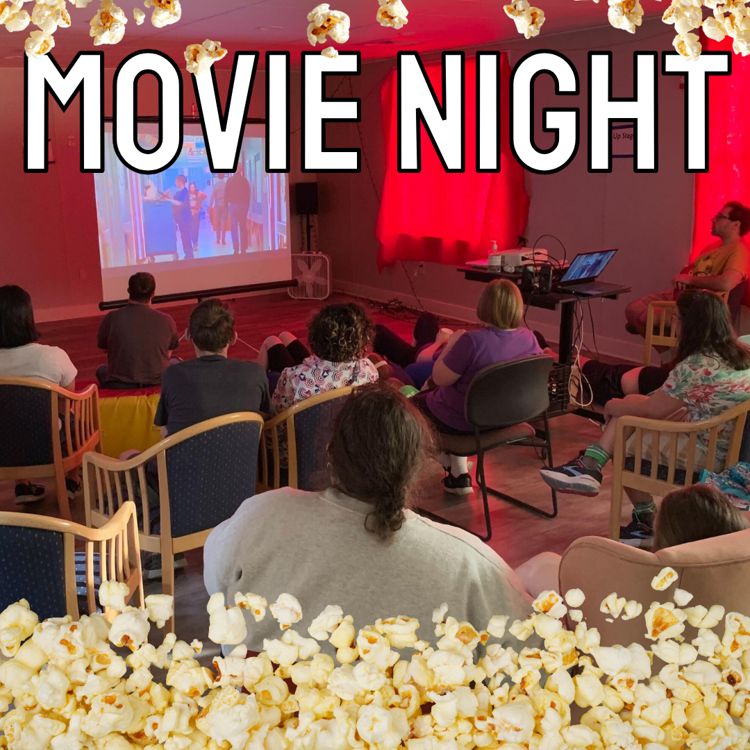 White text says Movie Night. Background photo is a dark room of people sitting facing a big projector. Popcorn is falling from the top of the image and piling up at the bottom.